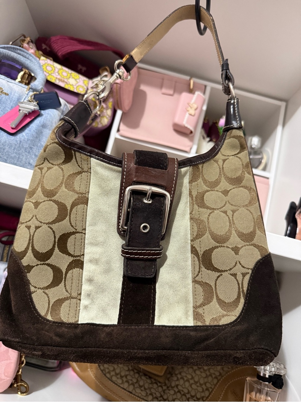 Coach Brown Signature Canvas Shoulder Bag with Cream Stripe